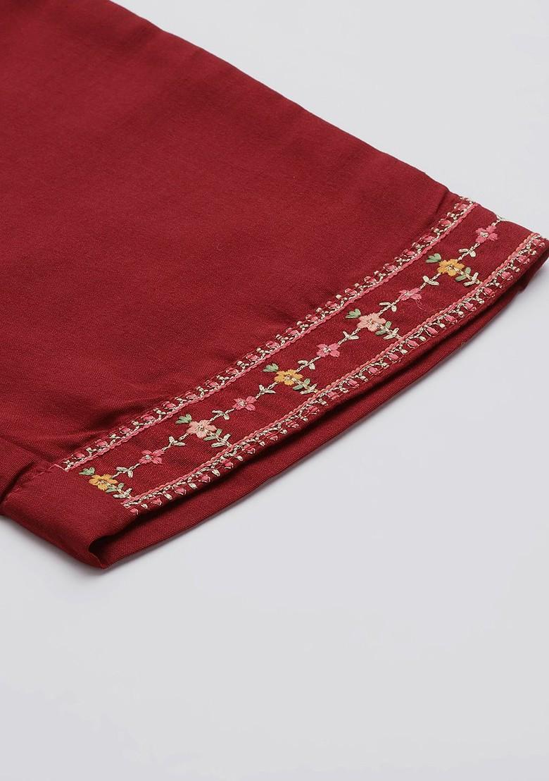 Red Embroidered Blended Kurta Set - Indya