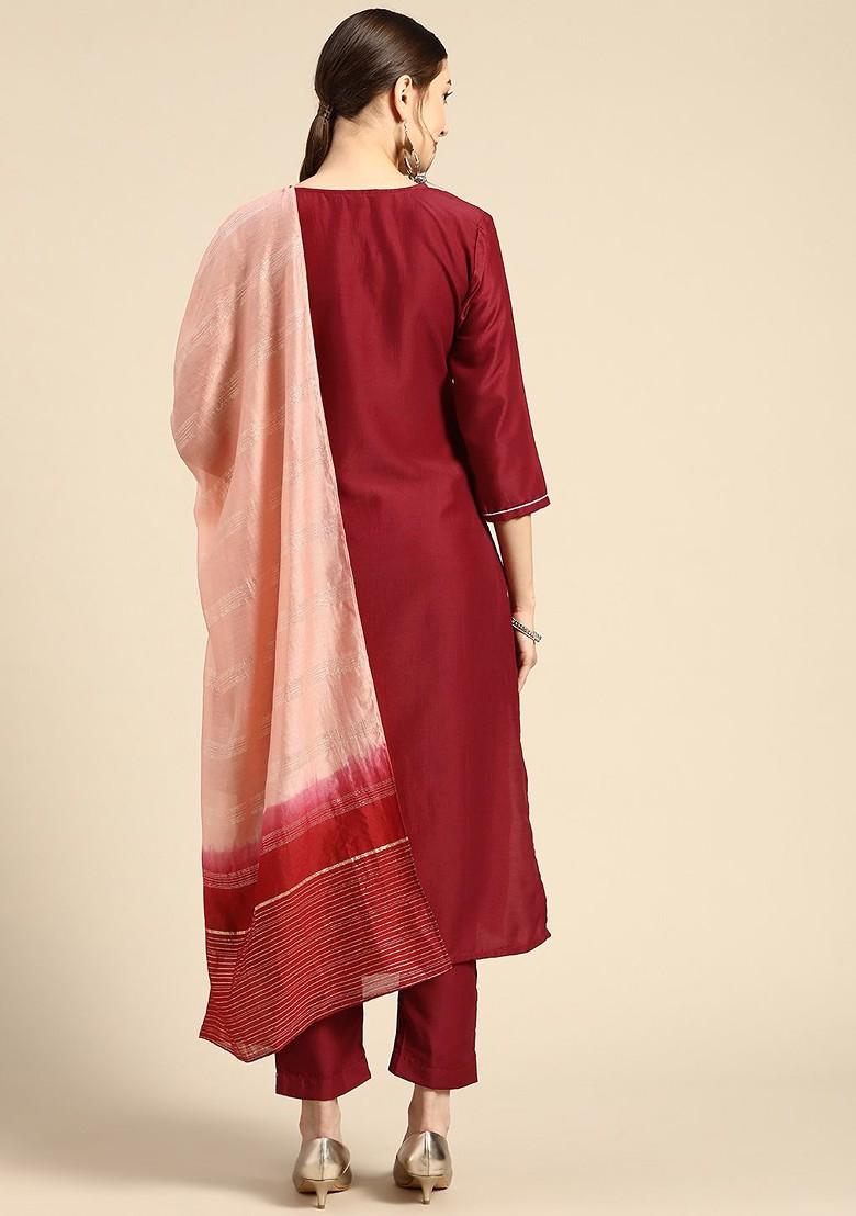 Red Embroidered Blended Kurta Set - Indya