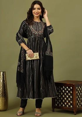 Black Embroidered Blended Kurta Set