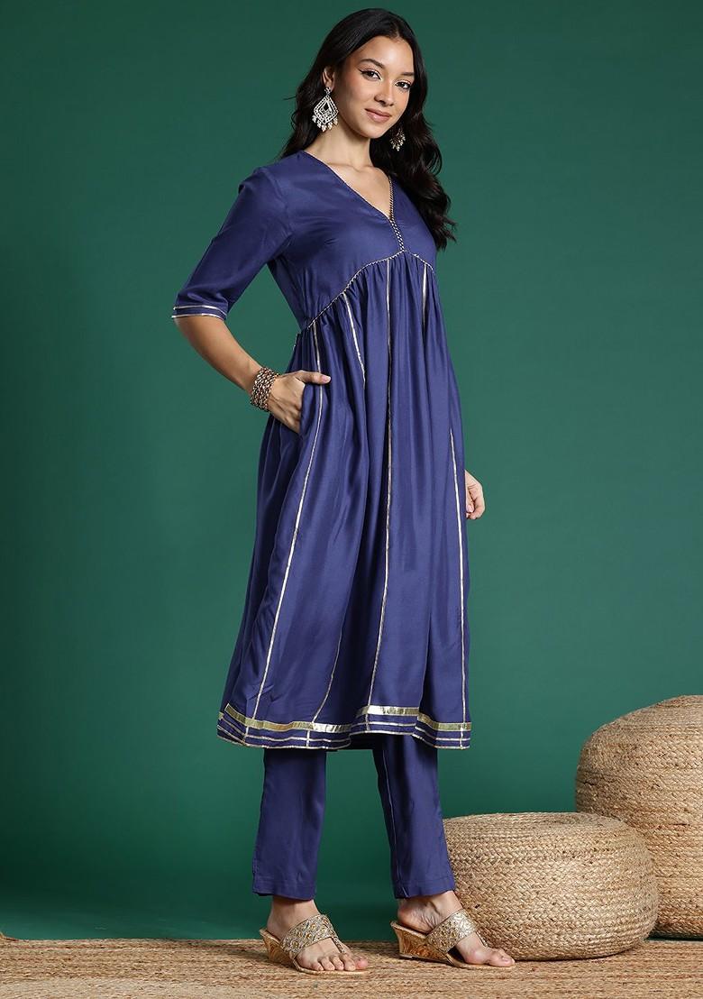 Blue Striped Blended Kurta Set - Indya