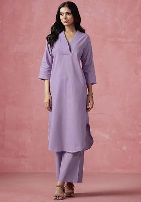 Lavender Solid Blended Kurta Set