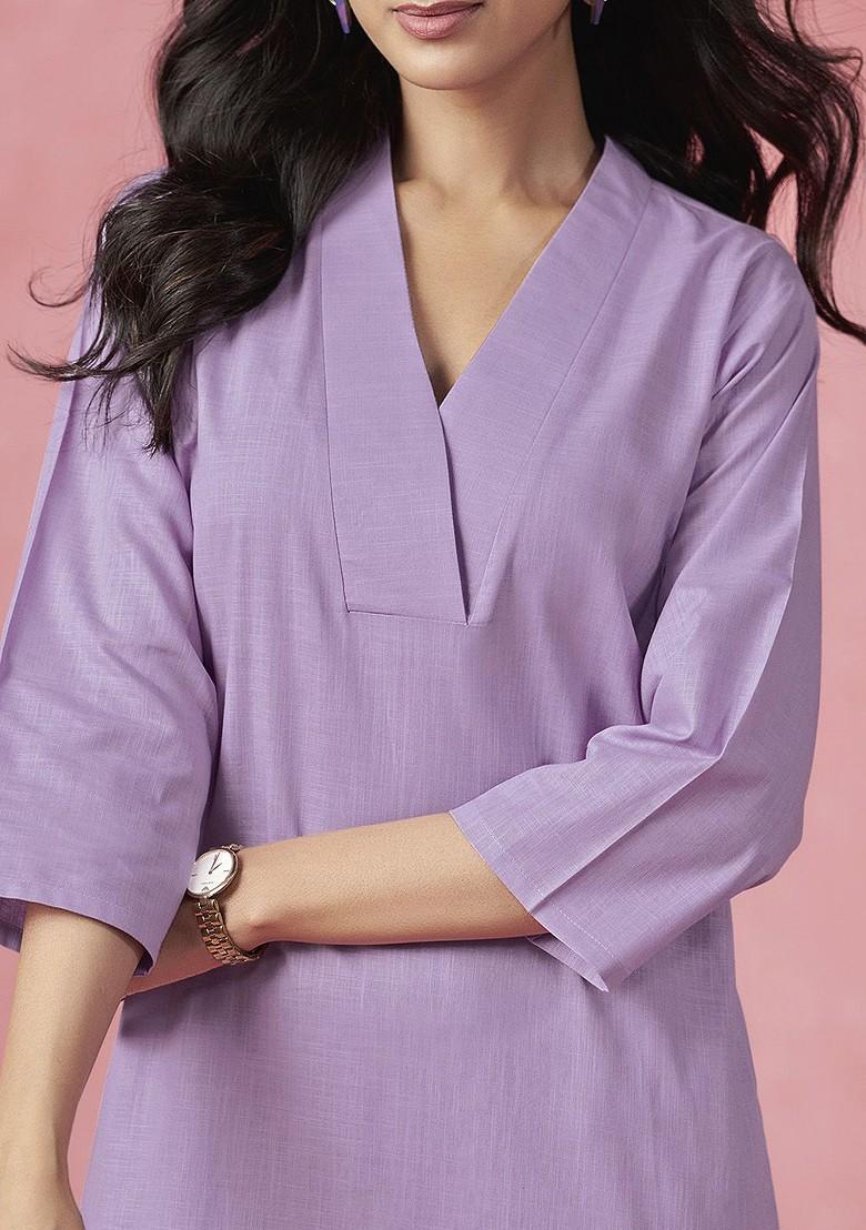 Lavender Solid Blended Kurta Set - Indya