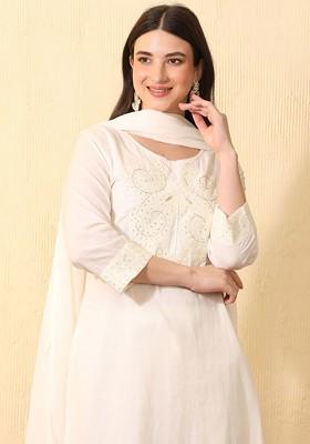 Off White Embroidered Blended Kurta Set