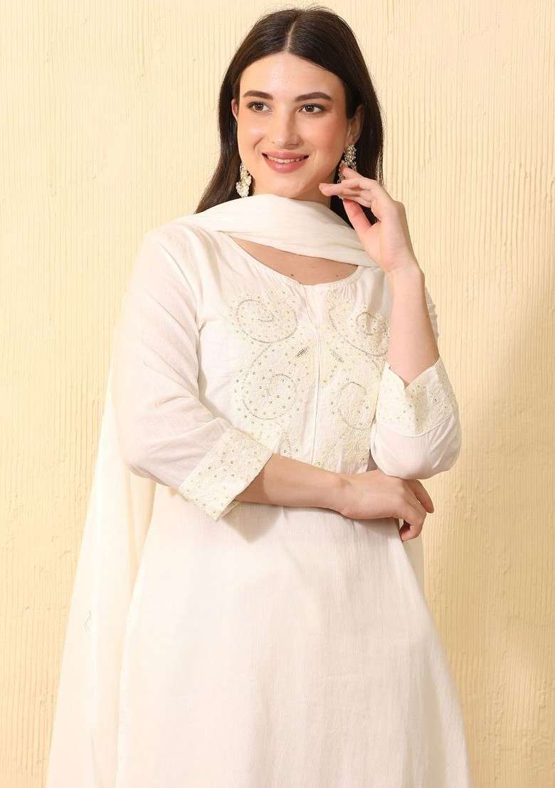 Off White Embroidered Blended Kurta Set - Indya