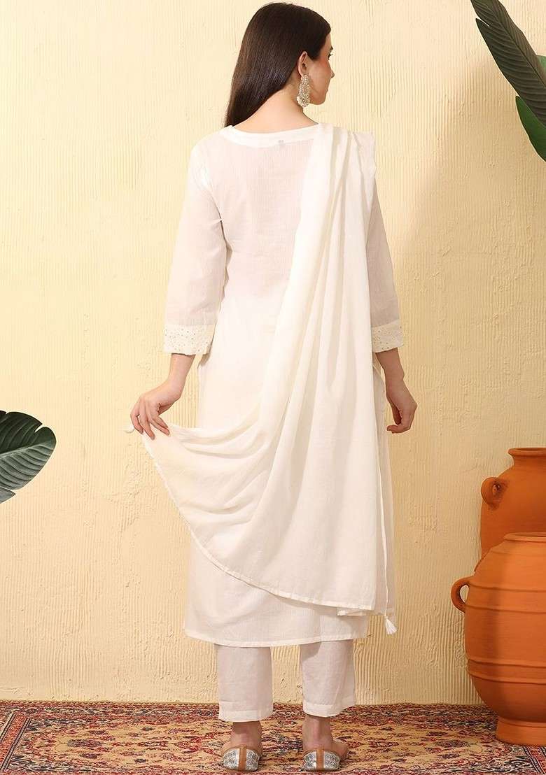 Off White Embroidered Blended Kurta Set - Indya