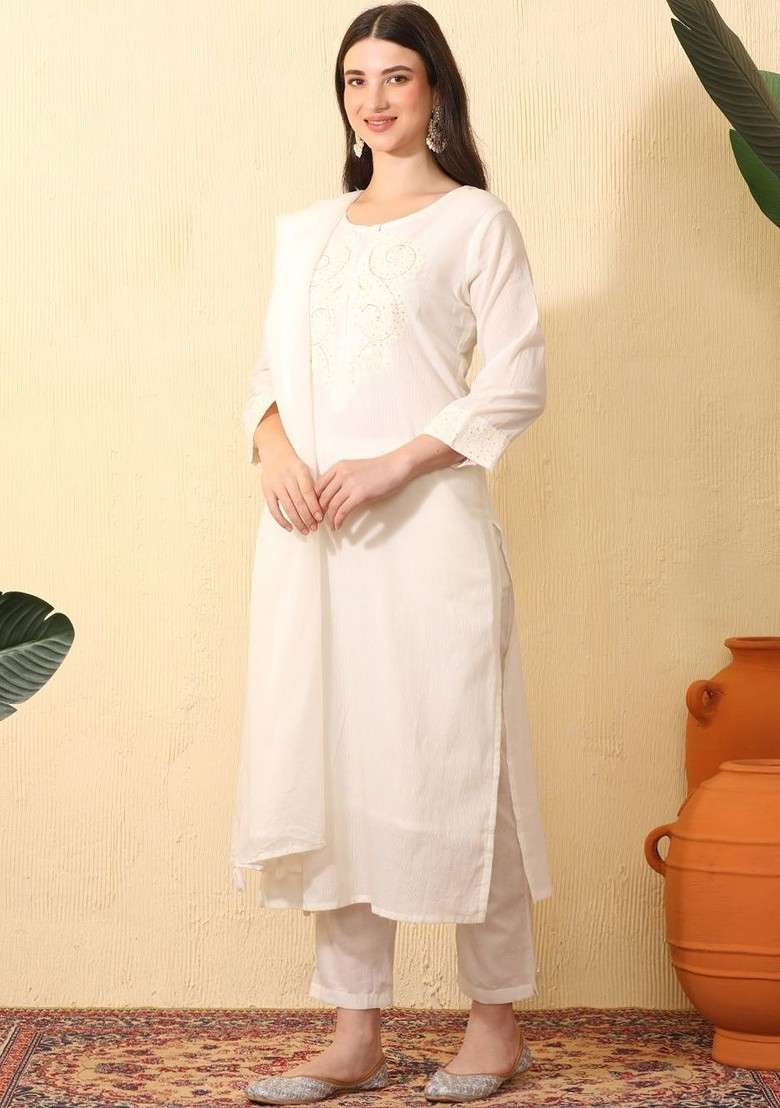 Off White Embroidered Blended Kurta Set - Indya