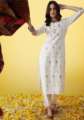 White Embroidered Blended Kurta Set
