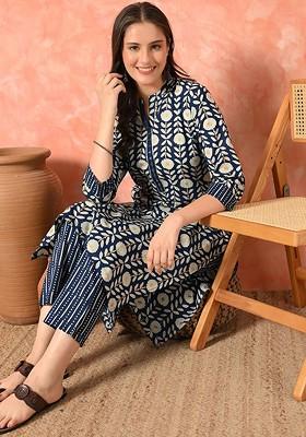 Teal Printed Blended Kurta Set