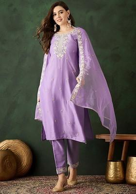 Lavender Embroidered Blended Kurta Set