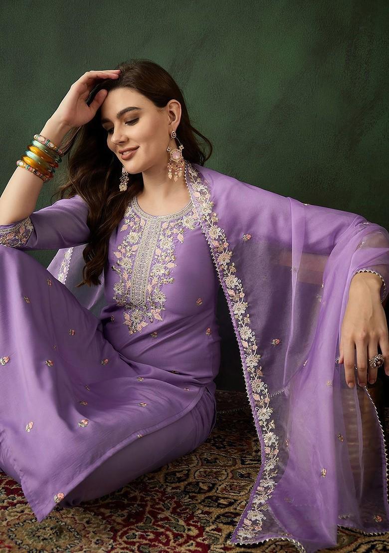 Lavender Embroidered Blended Kurta Set - Indya