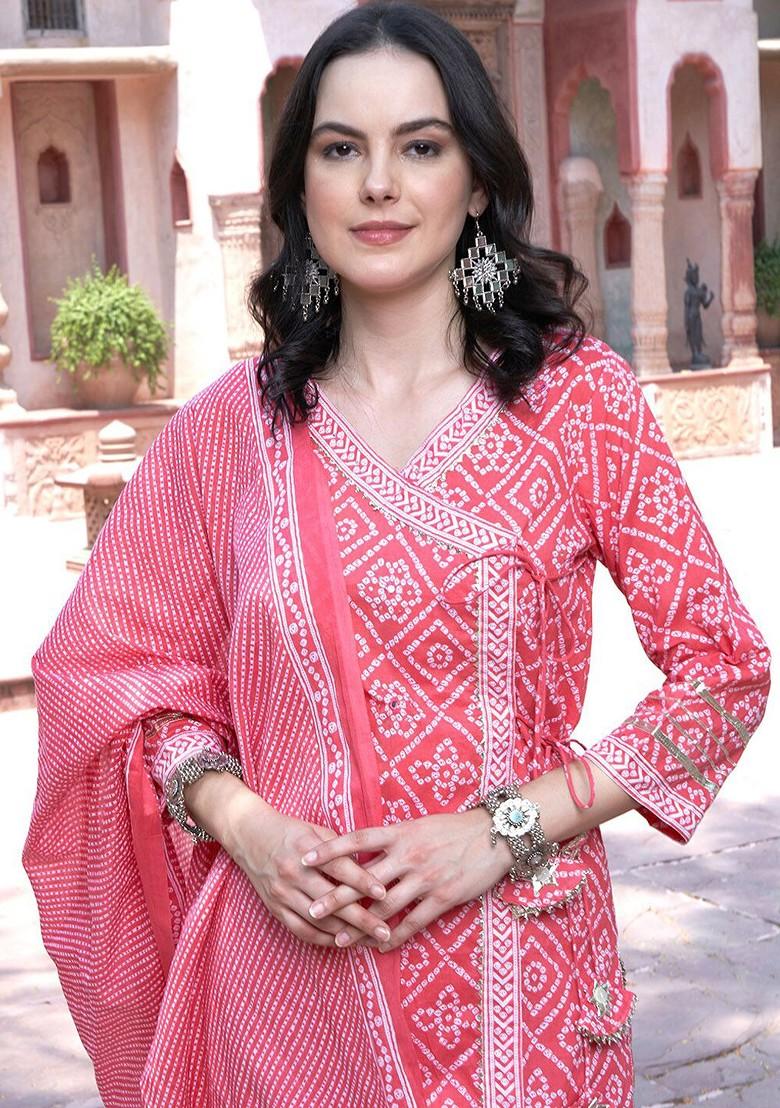 Pink Printed Blended Kurta Set - Indya