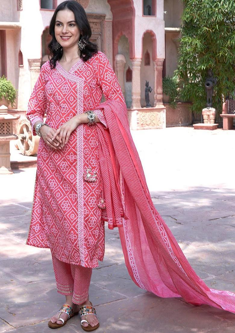 Pink Printed Blended Kurta Set - Indya