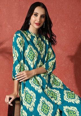Teal Printed Blended Kurta Set