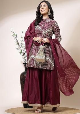 Burgundy Embroidered Blended Kurta Set