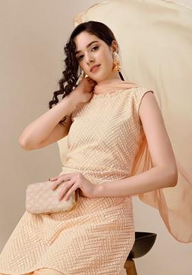 Peach Embroidered Blended Kurta Set