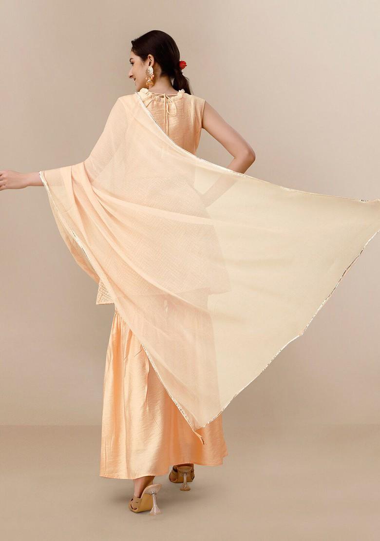 Peach Embroidered Blended Kurta Set - Indya