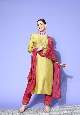 Yellow Sequinned Blended Kurta Set