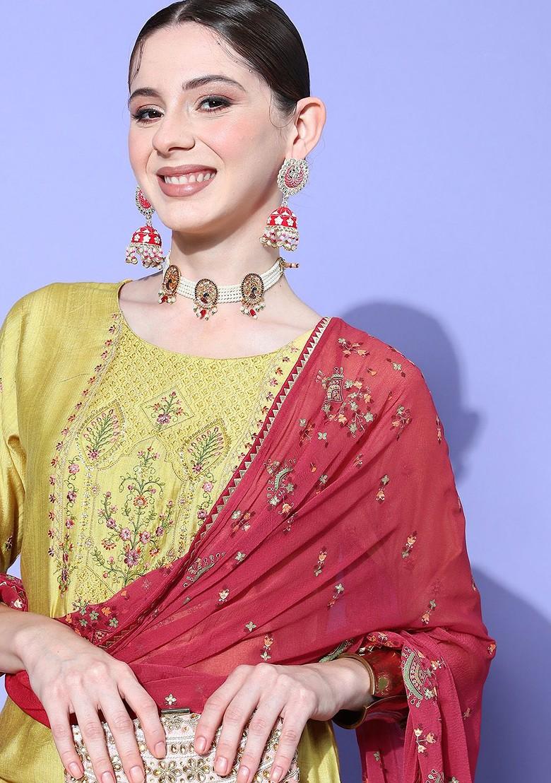 Yellow Sequinned Blended Kurta Set - Indya