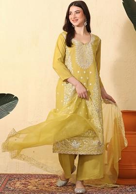Lime Green Embroidered Blended Kurta Set
