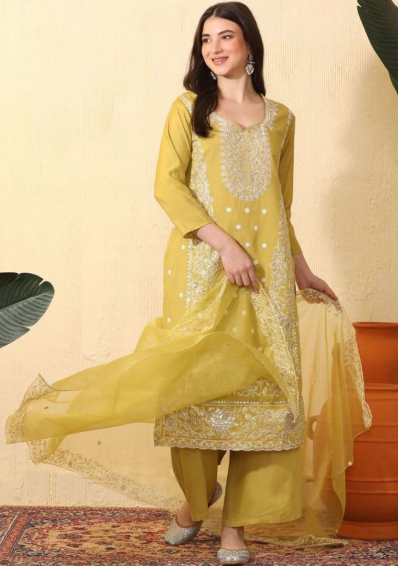 Lime Green Embroidered Blended Kurta Set - Indya