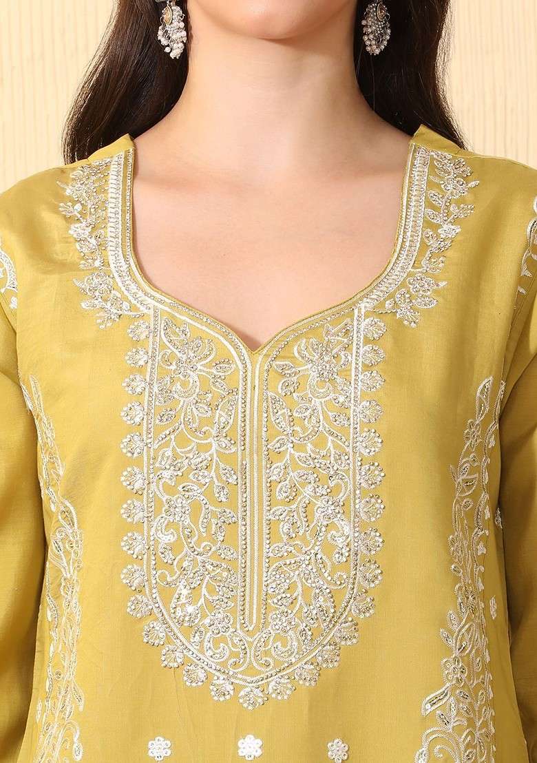 Lime Green Embroidered Blended Kurta Set - Indya