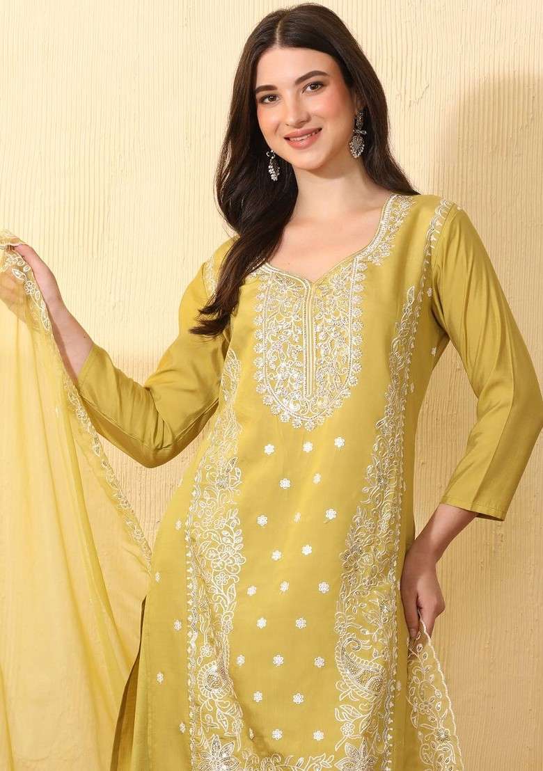 Lime Green Embroidered Blended Kurta Set - Indya