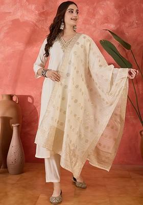 Off White Embroidered Blended Kurta Set