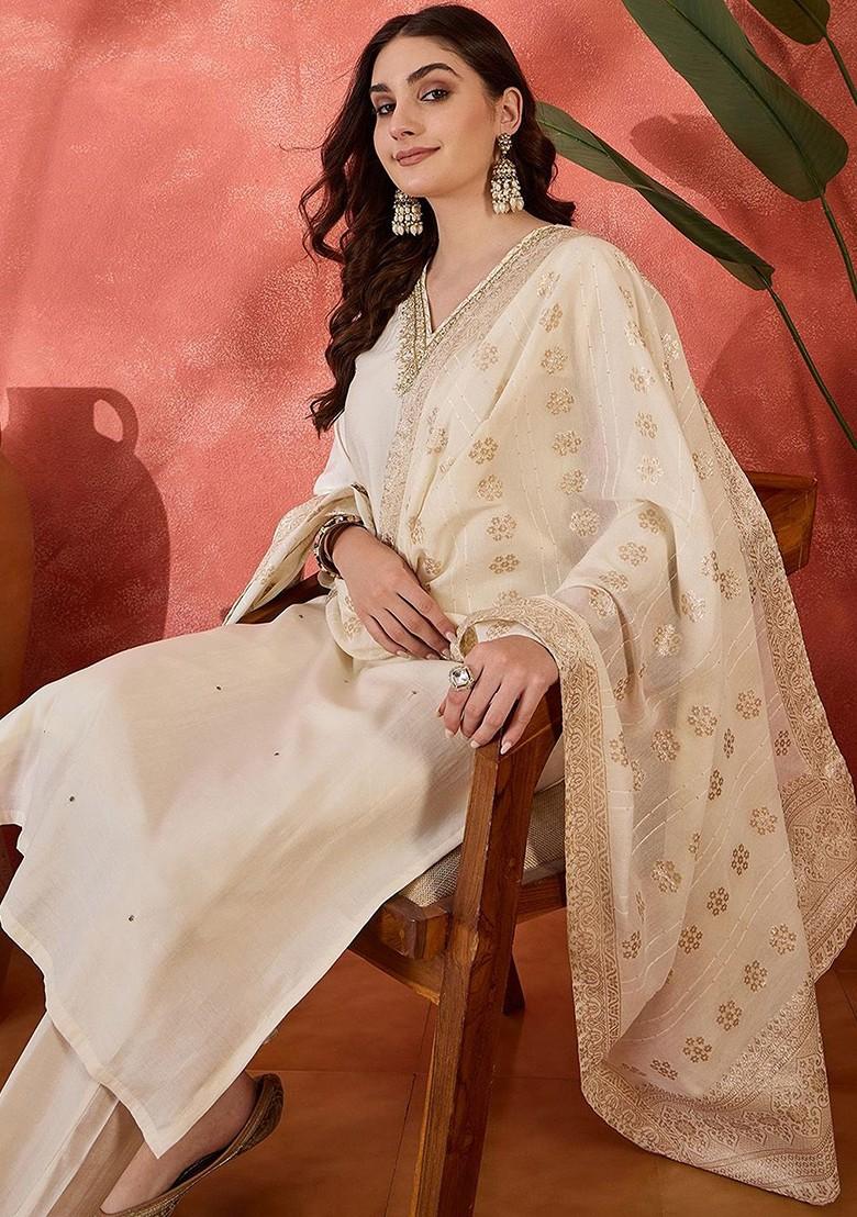 Off White Embroidered Blended Kurta Set - Indya