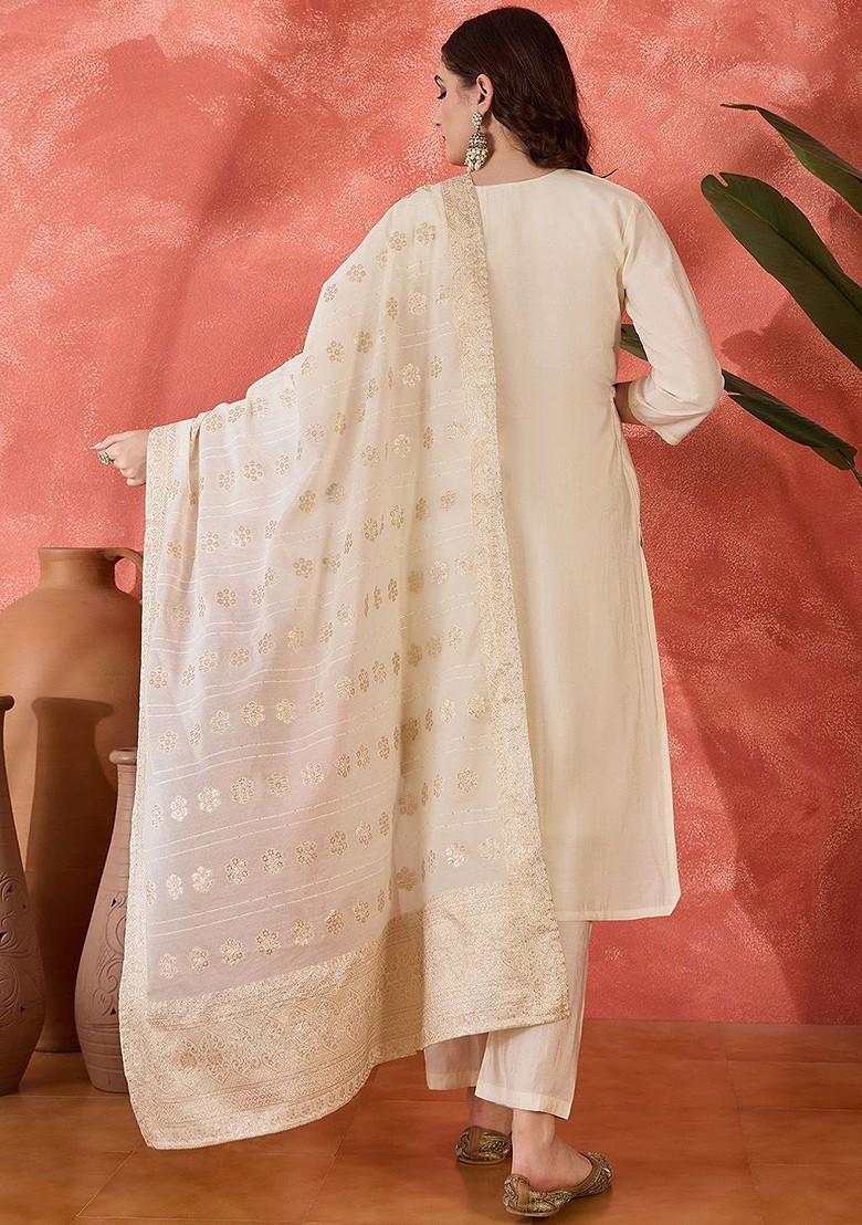 Off White Embroidered Blended Kurta Set - Indya