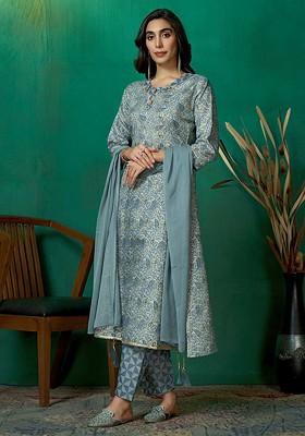 Blue Printed Blended Kurta Set