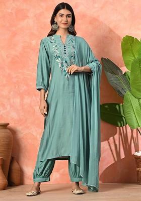 Blue Embroidered Blended Kurta Set