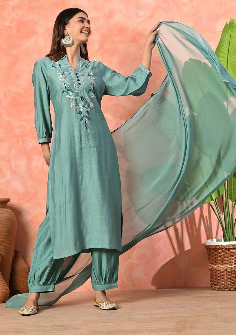 Blue Embroidered Blended Kurta Set - Indya