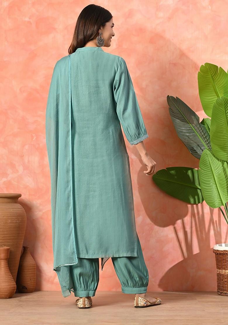 Blue Embroidered Blended Kurta Set - Indya
