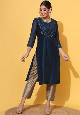 Navy Blue Embroidered Blended Kurta Set