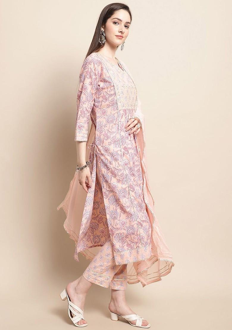 Peach Printed Blended Kurta Set - Indya
