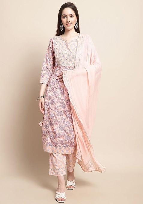 Peach Printed Blended Kurta Set