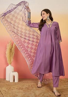 Lavender Yoke Design Blended Kurta Set