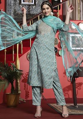 Turquoise Blue Printed Blended Kurta Set