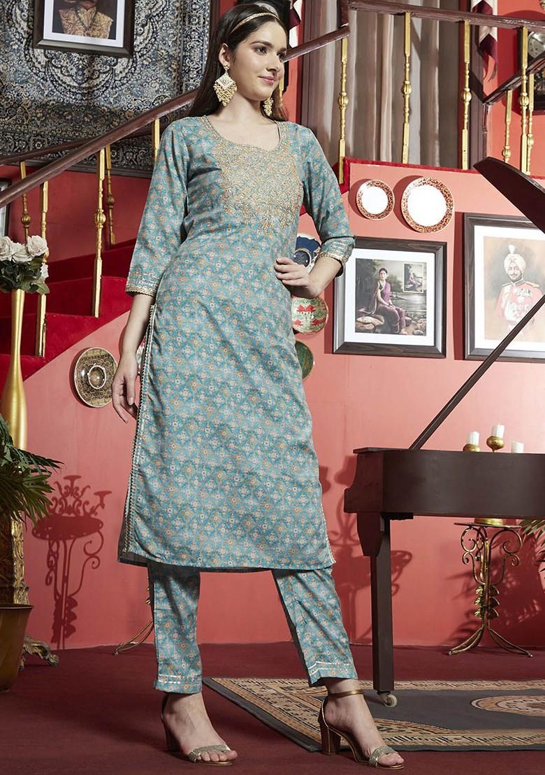 Turquoise Blue Printed Blended Kurta Set - Indya