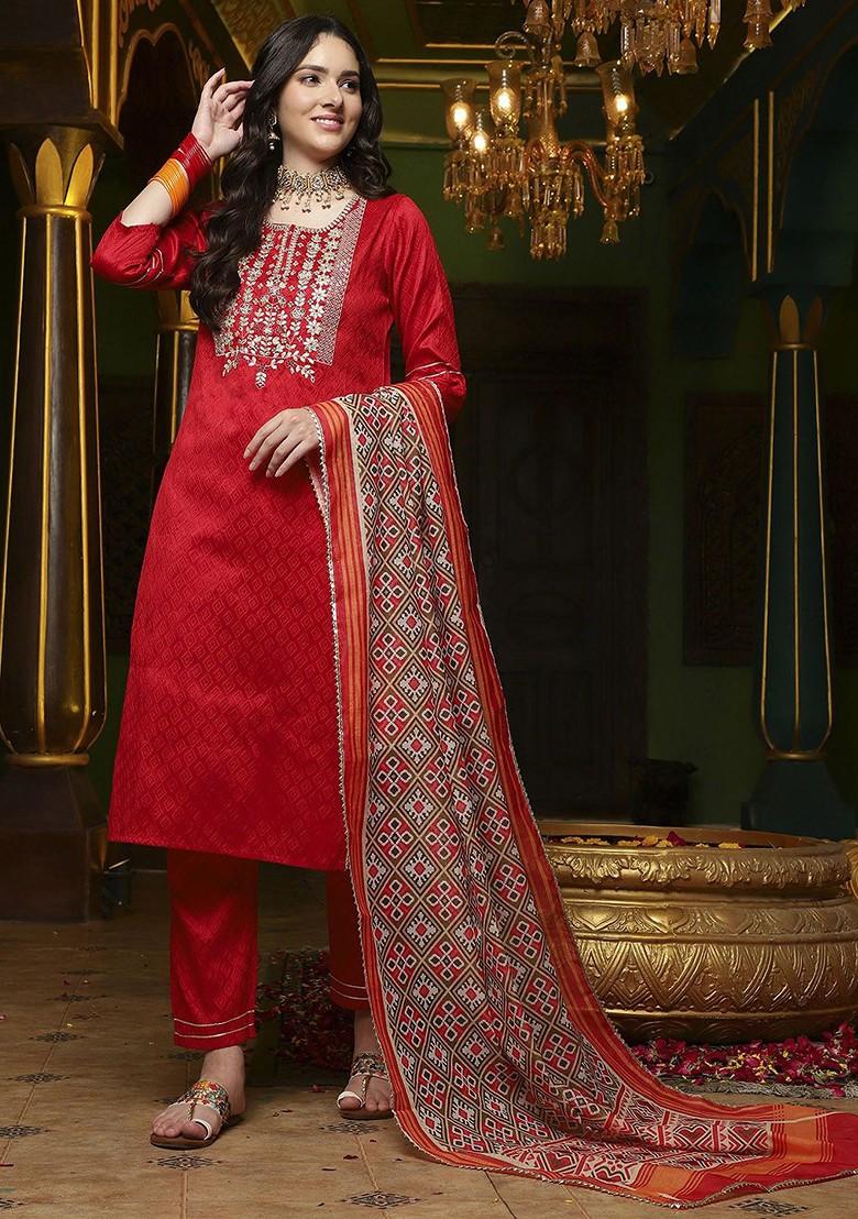 Red Embroidered Blended Kurta Set - Indya