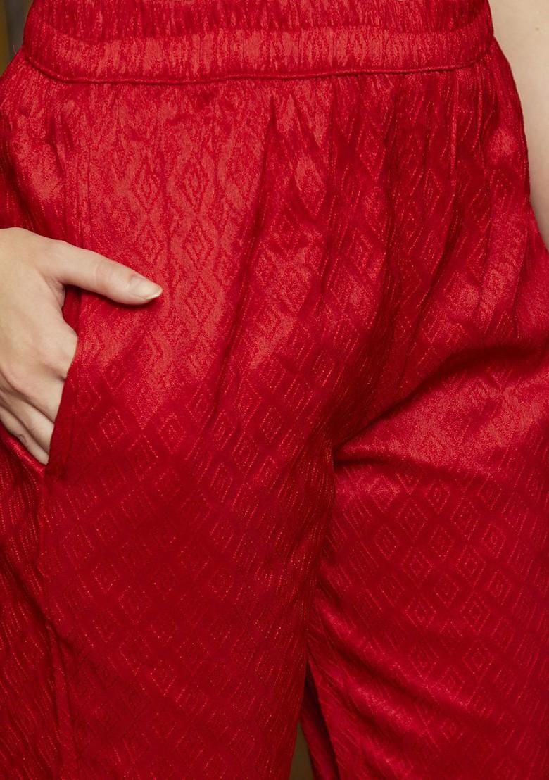 Red Embroidered Blended Kurta Set - Indya