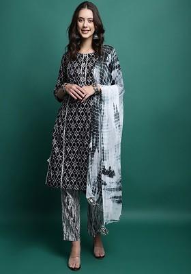 Black Embroidered Blended Kurta Set