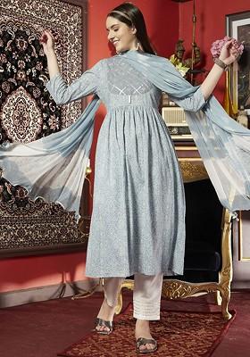 Blue Printed Blended Kurta Set