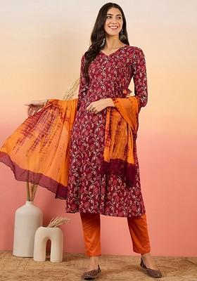 Maroon Printed Blended Kurta Set