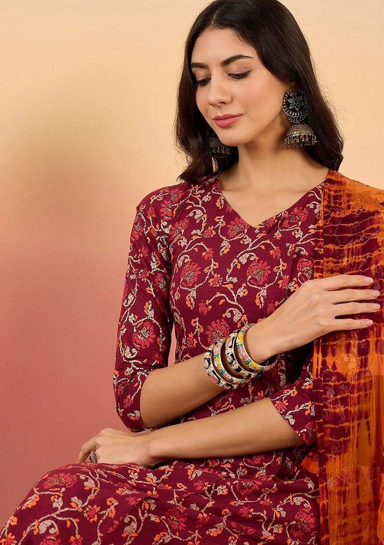 Maroon Printed Blended Kurta Set - Indya