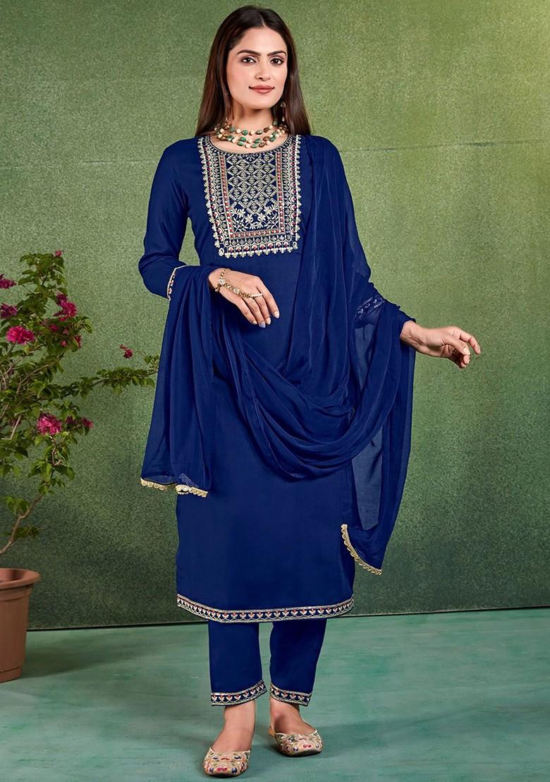 Navy Blue Embroidered Blended Kurta Set - Indya
