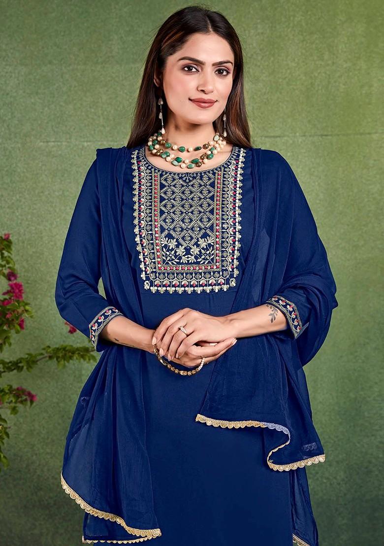 Navy Blue Embroidered Blended Kurta Set - Indya