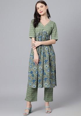 Olive Printed Blended Kurta Set