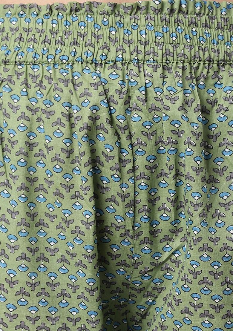 Olive Printed Blended Kurta Set - Indya