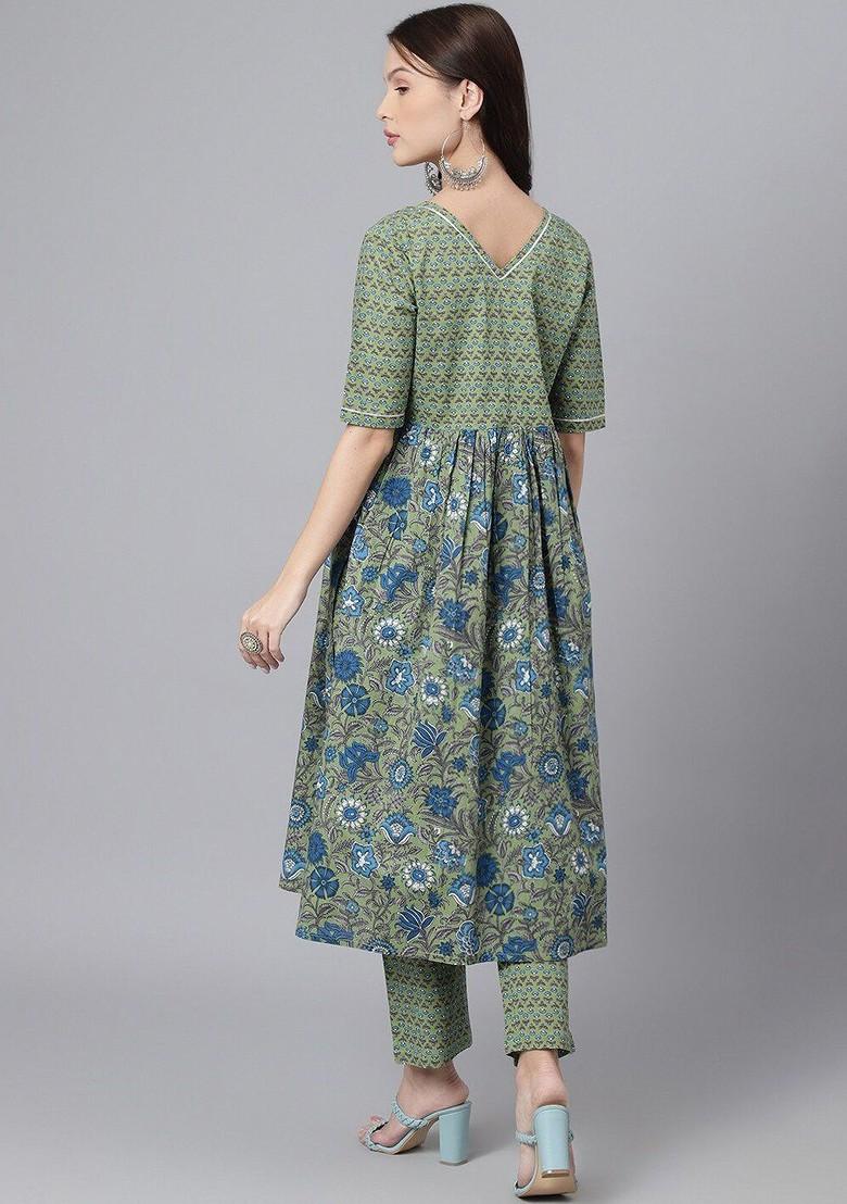 Olive Printed Blended Kurta Set - Indya